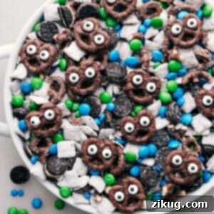 Finished bowl of Goblin Goodies (Halloween Muddy Buddies)