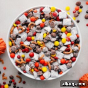 A bowl of Fall Muddy Buddies, showcasing the delightful mix of cereals coated in chocolate and powdered sugar, punctuated by autumn-themed candies and snacks for a festive treat.