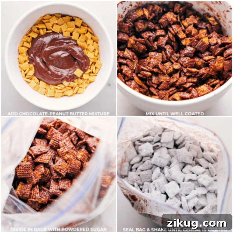 Perfecting Fall Muddy Buddies: A Step-by-Step Guide to Coating and Shaking for a Deliciously Festive Snack! Making of Fall Muddy Buddies: chocolate mixture being poured over cereal, thorough mixing, division into bags, addition of powdered sugar, and the final energetic shaking for a well-coated, delicious treat.
