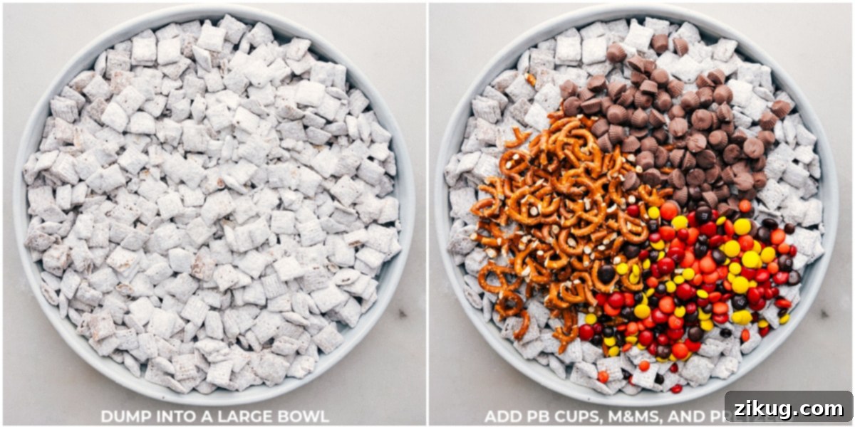 Fall Muddy Buddies Transformation: From Sugary Coated Cereal to a Festive Mix-In-Filled Delight! Well-coated cereal just after shaking with powdered sugar, and the final treat, enhanced with colorful, tasty mix-ins for added texture and flavor.