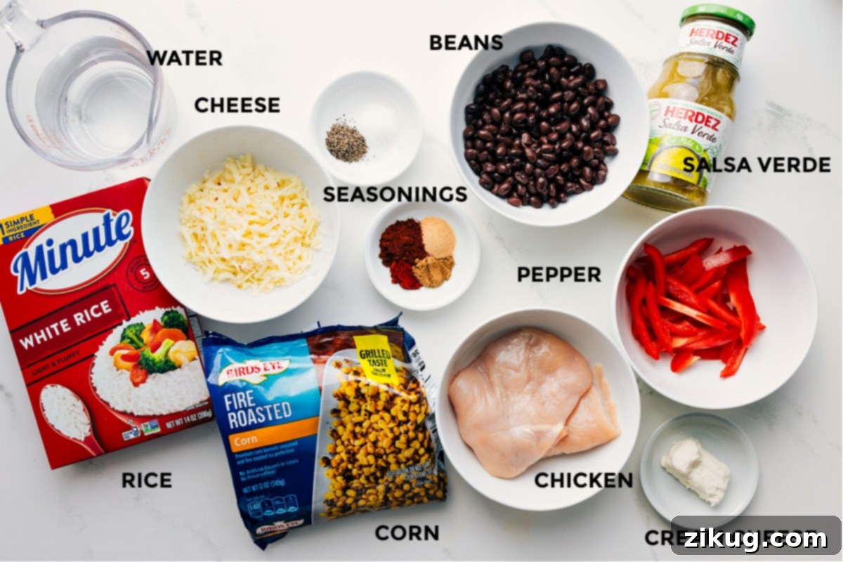 Ingredients Chicken Rice Foil Packs All the ingredients prepped and ready for easy assembly, including water, rice, cheese, corn, spices, beans, chicken, salsa verde, cream cheese, and peppers. A visual guide to preparing your foil packs.