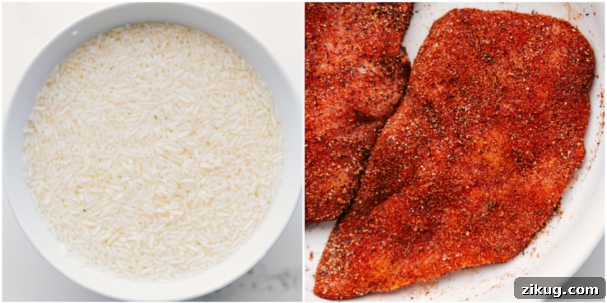 How To Make Chicken Rice Foil Packs Rice being soaked and chicken rubbed in seasoning for these chicken rice foil packs. A crucial step for maximum flavor absorption.