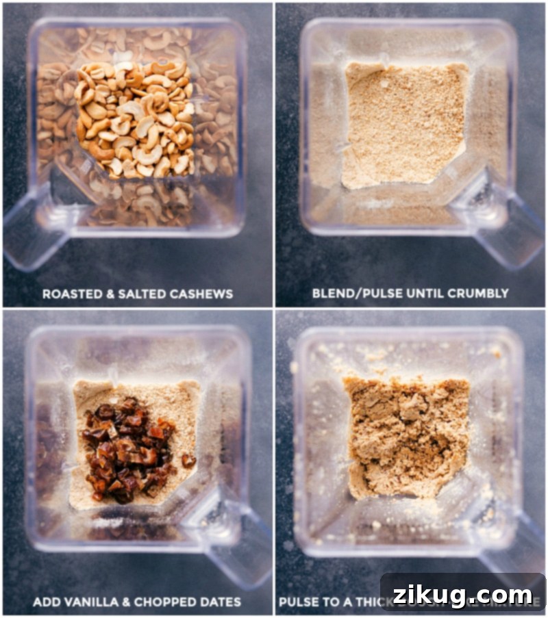 Creating the Base: Blending Cashews and Dates for Nutrient-Rich Energy Bites Step-by-step process: Blending roasted cashews and soft dates in a food processor for energy bites