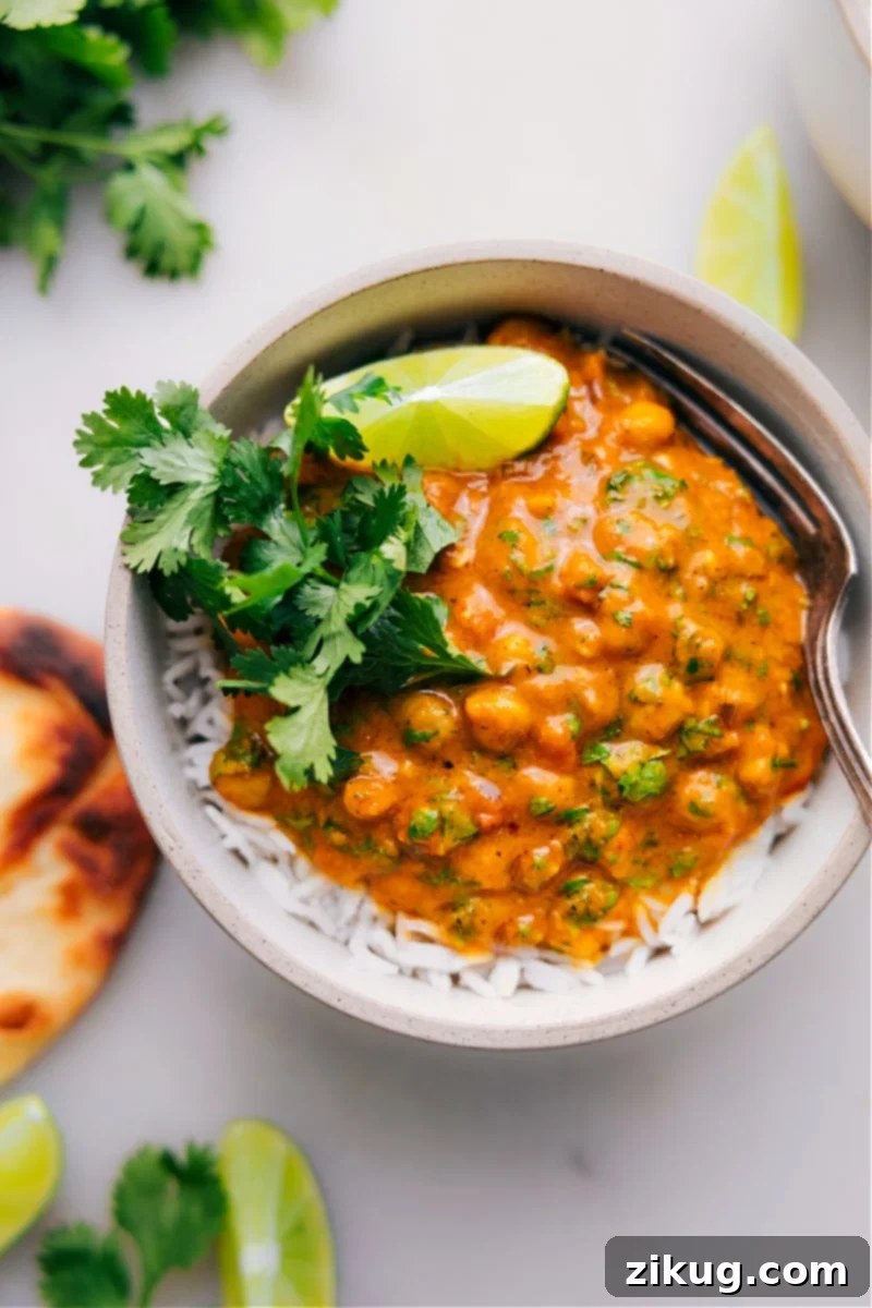 Overhead view of a vibrant Pumpkin Curry served on a bed of fluffy rice, garnished with fresh cilantro.