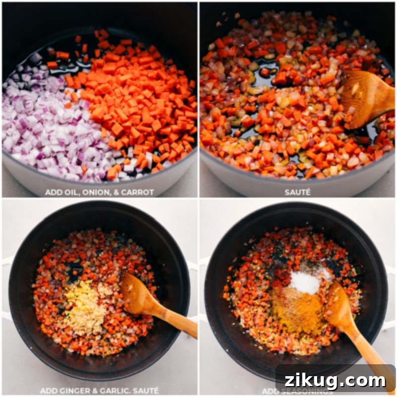 Process shots showing how to make Pumpkin Curry: First, red onion and carrots are sautéed in coconut oil in a large pot. Next, minced garlic and ginger are added and cooked until fragrant. Finally, the spice blend is stirred in and toasted briefly to release its aromas.