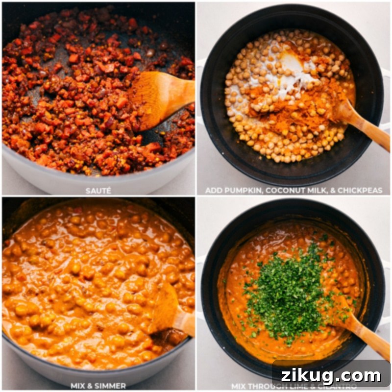 Process shots showing the final steps of making Pumpkin Curry: The creamy mixture of pumpkin, coconut milk, and chickpeas simmers in a pot. Finally, fresh lime wedges and cilantro are mixed in, ready for serving.