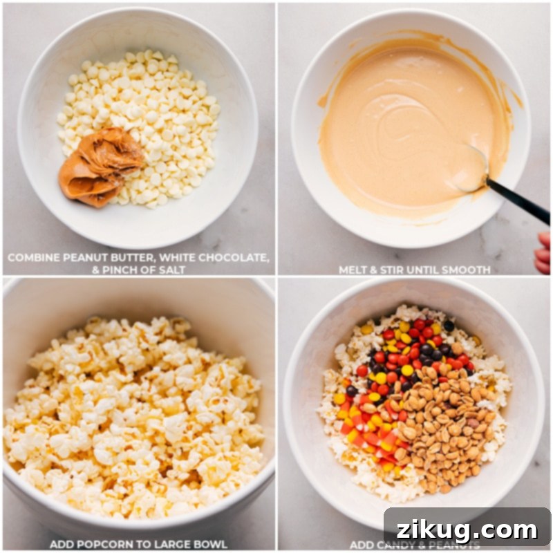 Step-by-step process of making Candy Corn Popcorn: melting the chocolate and peanut butter coating, combining the dry ingredients, and pouring the melted mixture over the popcorn and candies. #recipeprocess #snacktutorial #fallbaking A series of four sequential process shots illustrating the initial steps of preparing Candy Corn Popcorn. Image one shows white chocolate chips, creamy peanut butter, and fine sea salt neatly placed in a microwave-safe bowl. Image two depicts the smooth, glossy melted mixture being stirred with a spatula. Image three features a large mixing bowl filled with fluffy popcorn, colorful candy corn, Reese's Pieces, and dry-roasted peanuts. Image four captures the melted peanut butter chocolate mixture being poured over the popcorn and candy, ready for coating.