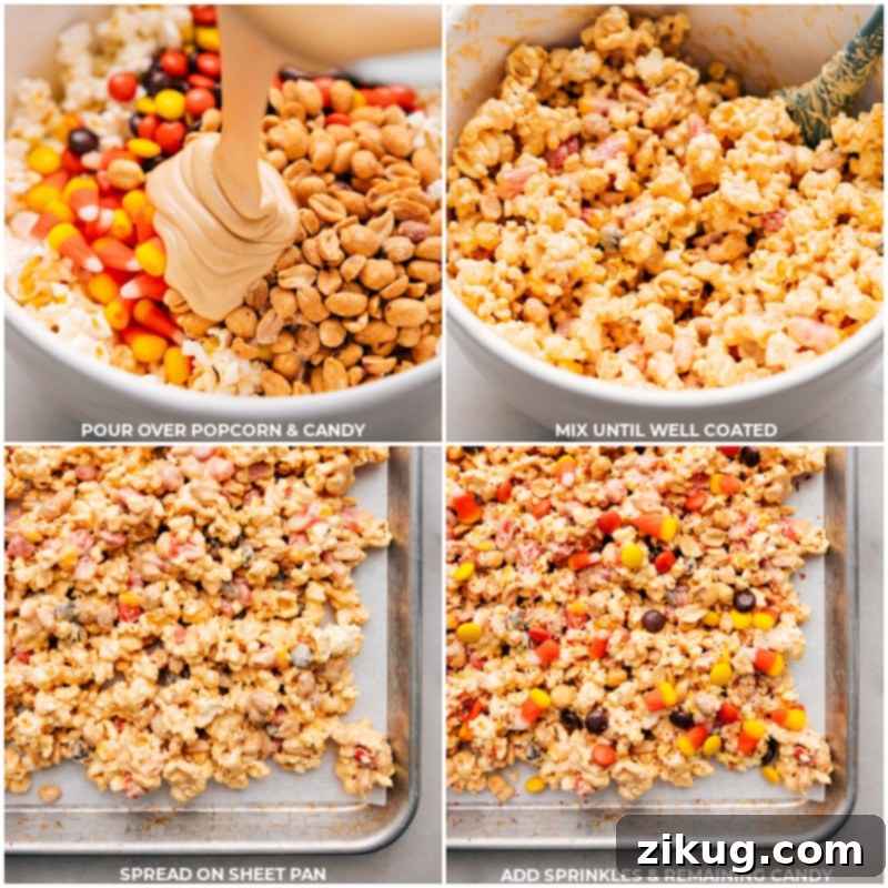 Final stages of Candy Corn Popcorn preparation: coating with chocolate, spreading on sheet pan, adding extra toppings, and chilling to set. #easyrecipe #falltreats #popcornrecipe A sequence of four process shots showing the final stages of preparing Candy Corn Popcorn. Image one illustrates the melted white chocolate and peanut butter mixture being poured over a large bowl of popcorn and candies. Image two depicts the mixture being gently folded and stirred until every piece is thoroughly coated. Image three shows the fully coated popcorn mixture spread out evenly on a parchment-lined sheet pan. Image four displays the finished mix on the sheet pan, garnished with an abundance of extra candies and colorful Halloween sprinkles, ready to be chilled and set.