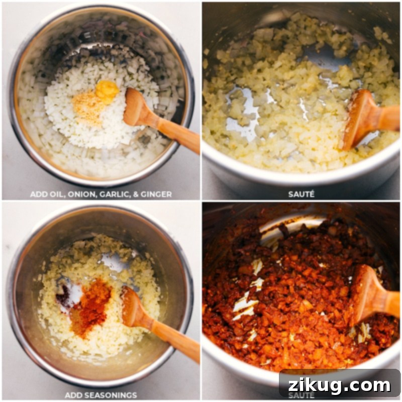 Sautéing aromatic ingredients and seasonings in Instant Pot Combining oil, onion, garlic, ginger, and seasonings in the instant pot, initiating the sautéing process.