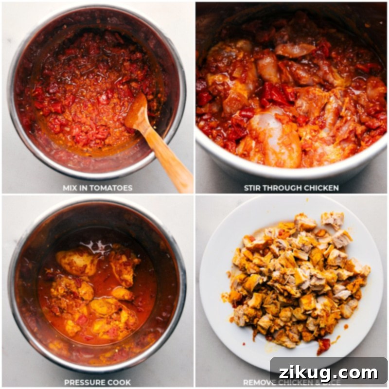Process of integrating tomatoes, pressure cooking chicken, and post-cook dicing Tomatoes stirred into the mixture, chicken added and pressure-cooked, followed by removal and dicing.