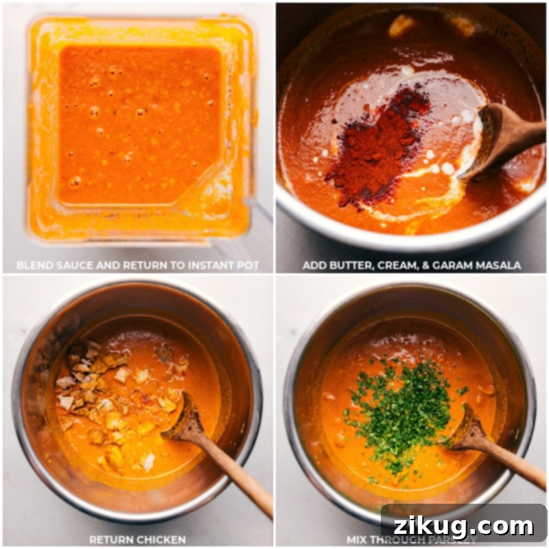 Finalizing Butter Chicken: Sauce blending, and rich additions in Instant Pot Blended sauce returned to butter chicken instant pot, enriched with butter, cream, diced chicken, and additional spices.