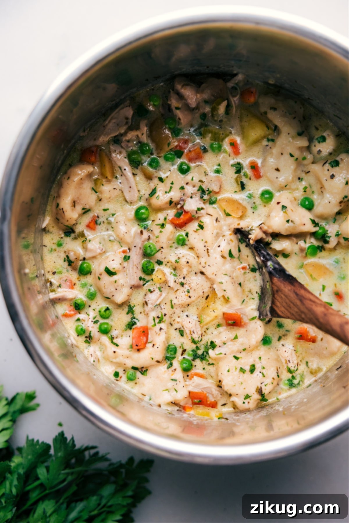 Instant Pot Chicken and Dumplings inside the pot, showcasing the tender chicken and soft dumplings.