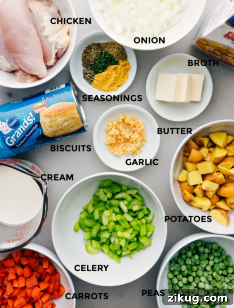Ingredients laid out for the recipe preparation, including chicken, vegetables, and herbs.