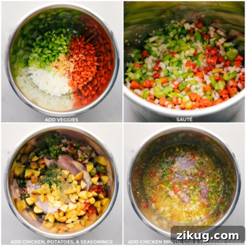 Step-by-step process shots of making Instant Pot Chicken and Dumplings with biscuits: from sautéing veggies to adding chicken, potatoes, and broth.