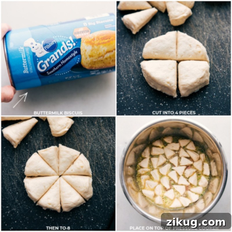 Process shots of preparing biscuits for Chicken and Dumpling Instant Pot recipe: quartering and eighthing biscuits before placing in the pot.