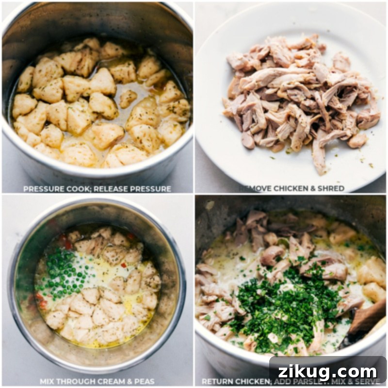 Steps after cooking the dish: releasing pressure, shredding chicken, adding cream and peas, and garnishing with parsley.