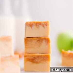 Irresistible Caramel Apple Fudge 3 Close-up of a neatly cut square of Caramel Apple Fudge with visible caramel swirls.
