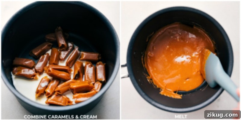 How to melt caramels for the perfect creamy swirl in Caramel Apple Fudge. Step-by-step images showing caramels being combined with cream in a pot and melted until smooth for the caramel layer.