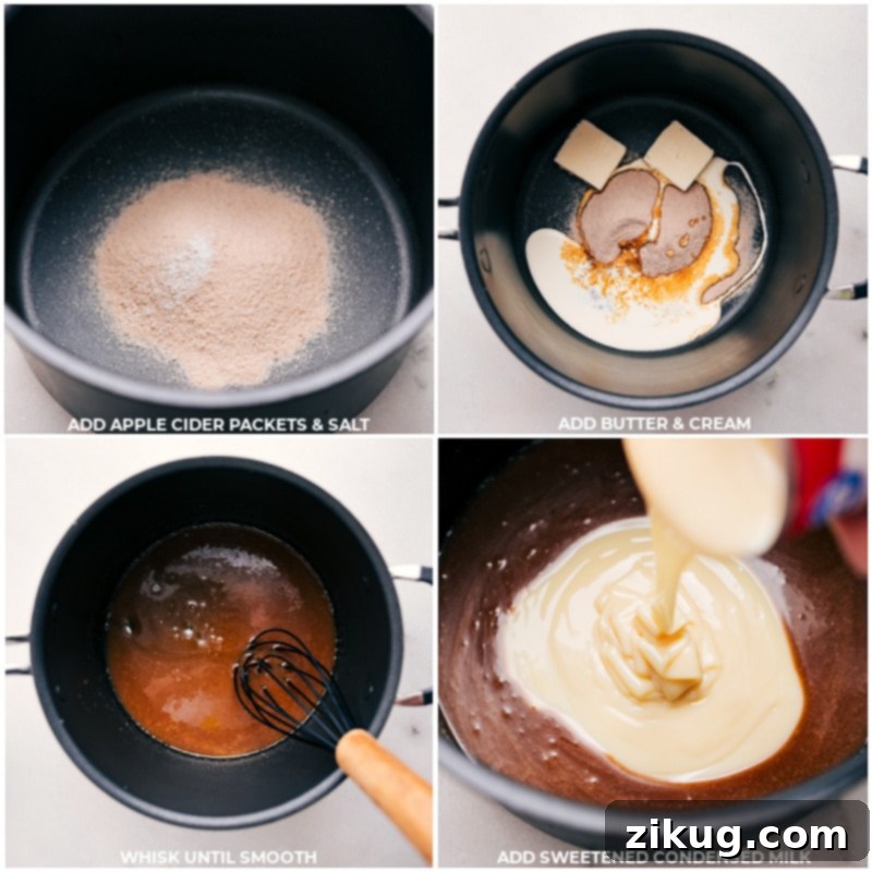 Detailed steps for making the creamy apple cider white chocolate fudge base. Multiple process shots demonstrating the creation of the fudge base: adding apple cider mix, salt, butter, and cream to a pot, whisking, then adding sweetened condensed milk and chocolate chips.