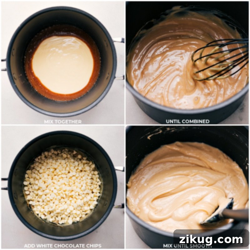 The final mixing stages of the apple cider white chocolate fudge base. Process shots showing ingredients being mixed together until well combined, then white chocolate being added and stirred until smooth for the fudge base.
