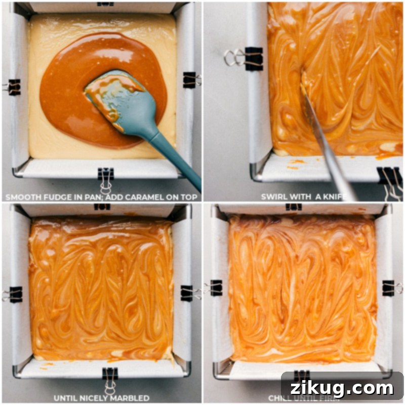 The final steps: pouring caramel, swirling, and preparing Caramel Apple Fudge for chilling. Process shots demonstrating smoothing the fudge in the pan, adding caramel on top, and swirling with a knife to create a marbled effect before chilling.