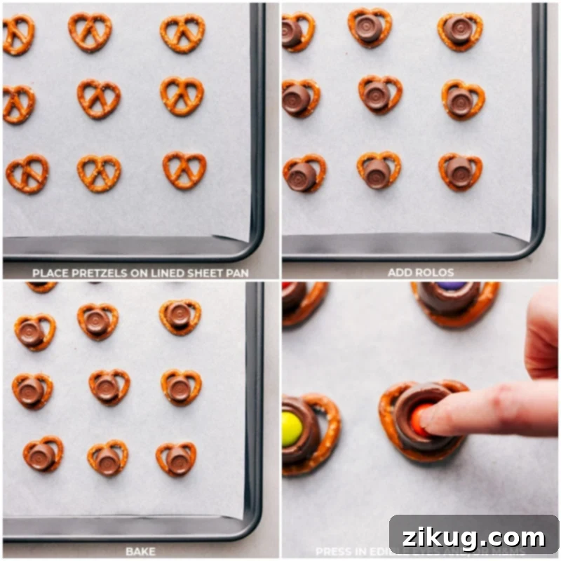 The step-by-step process of creating Monster Eyeballs: pretzels, Rolos, and M&M's or edible eyes coming together for a delicious Halloween treat. A sequence of process shots demonstrating how to make Monster Eyeballs: pretzels laid out on a baking sheet, Rolos placed on top of each pretzel, and then M&M's being gently pressed into the softened caramel after baking.