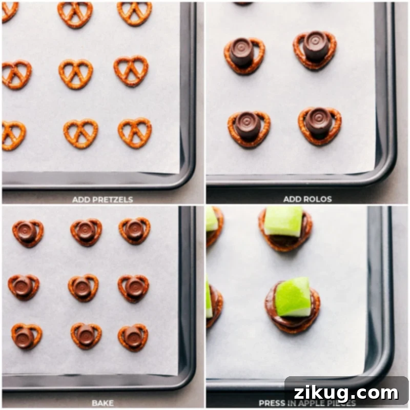 Place the pretzels on a sheet pan, and set the Rolos on top of them. Bake until melted, then top with a fresh apple slice to make these caramel apple bites. A close-up of the assembly process.