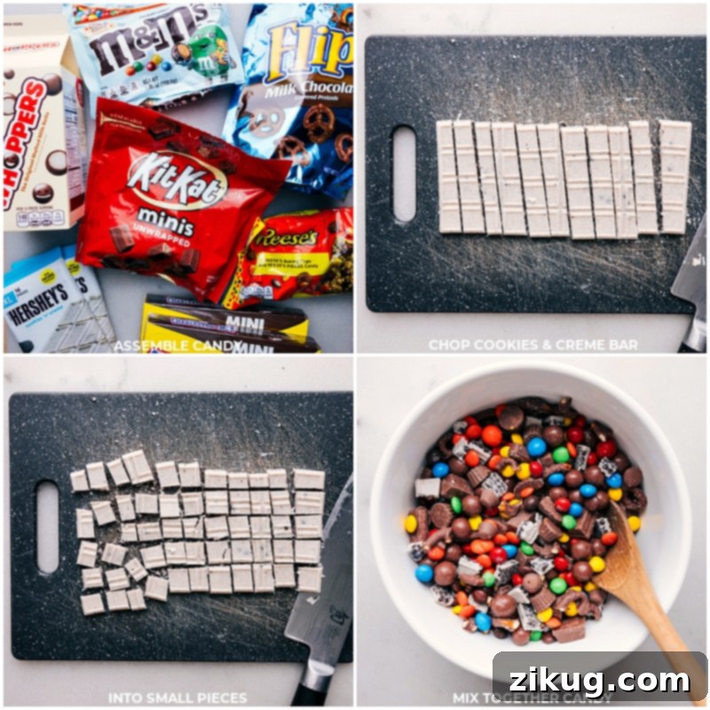 Process shots showing various candies like Whoppers, Reese's, and chocolate-covered pretzels being added to a large mixing bowl to create Candy Salad.