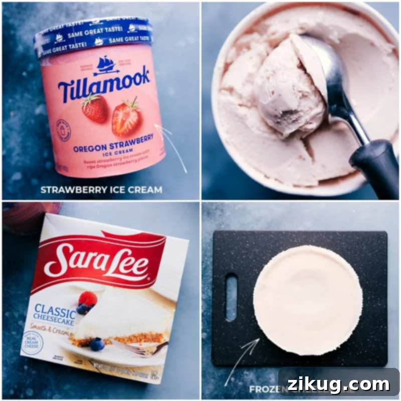 The secret to an easy and delicious Strawberry Cheesecake Ice Cream Cake: only two key ingredients for the filling! Achieve gourmet taste with minimal effort. #easyrecipes #icecreamdessert #cheesecakefilling High-quality strawberry ice cream and classic frozen cheesecake, the two key ingredients for the creamy filling.