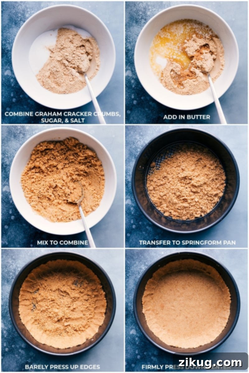 Achieve a perfect, buttery graham cracker crust for your Strawberry Cheesecake Ice Cream Cake with these simple tips. Essential for a stable and delicious no-bake base! #grahamcrackercrust #dessertcrust #bakingtips Step-by-step process of making the graham cracker crust, including pressing it firmly into a springform pan.