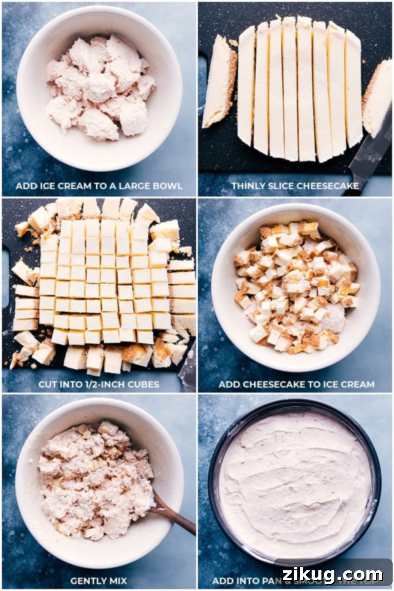 Effortlessly assemble your Strawberry Cheesecake Ice Cream Cake: combine strawberry ice cream with cheesecake cubes and press into the graham cracker crust for a delightful no-bake dessert. #dessertassembly #icecreamrecipe #easycheesecake Process shots showing how to gently fold cubed cheesecake into softened strawberry ice cream, then press the mixture into the prepared crust.