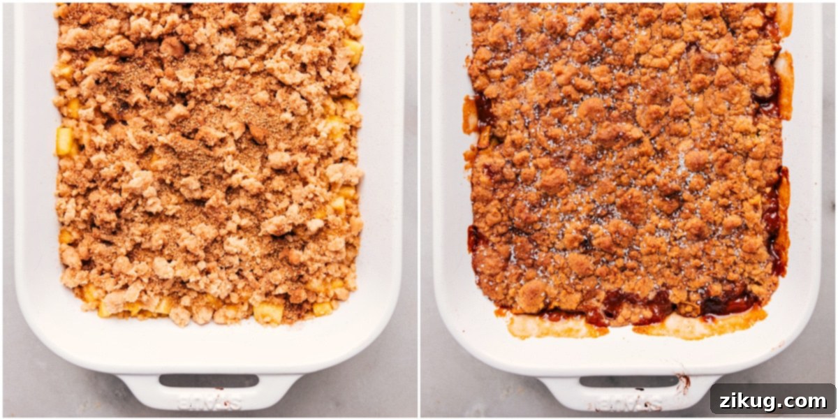 Golden Brown Baked Apple Cobbler A freshly baked apple cobbler, golden brown and bubbling, ready to be taken out of the oven for cooling and serving.