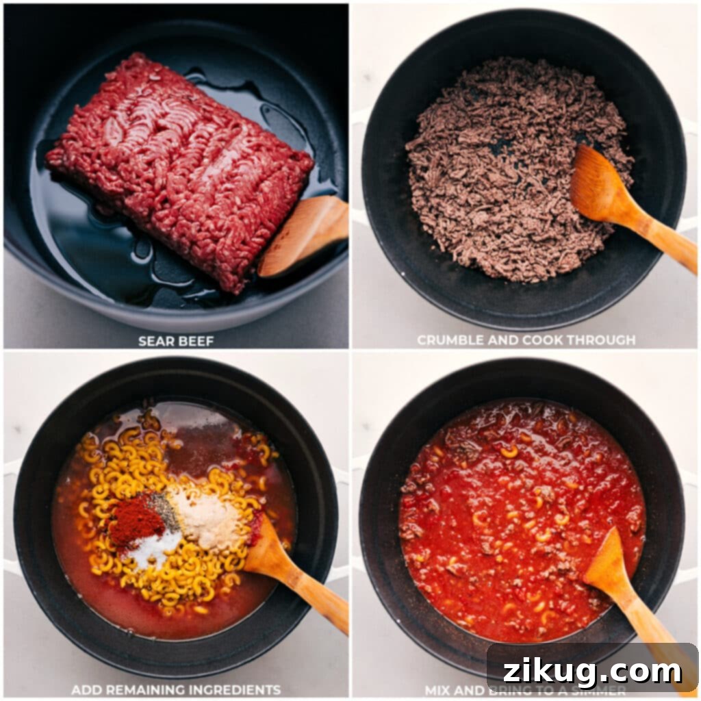Step-by-step image showing cooking ground beef and combining ingredients in a pot for homemade Hamburger Helper.
