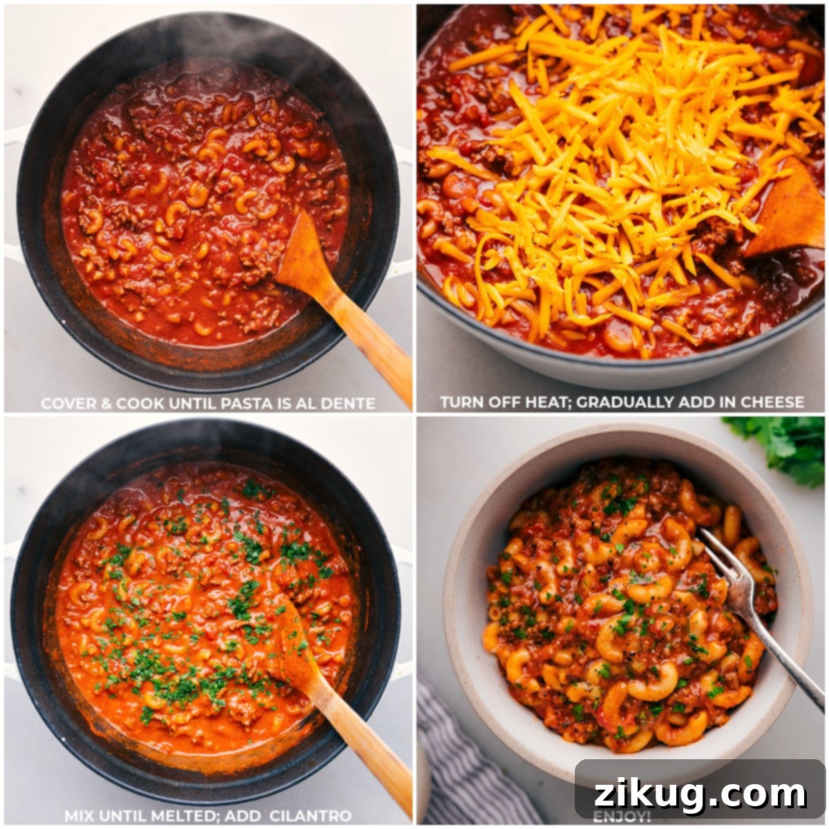 Adding Cheese and Cilantro to Homemade Hamburger Helper and Serving in a Bowl for a delicious family meal.