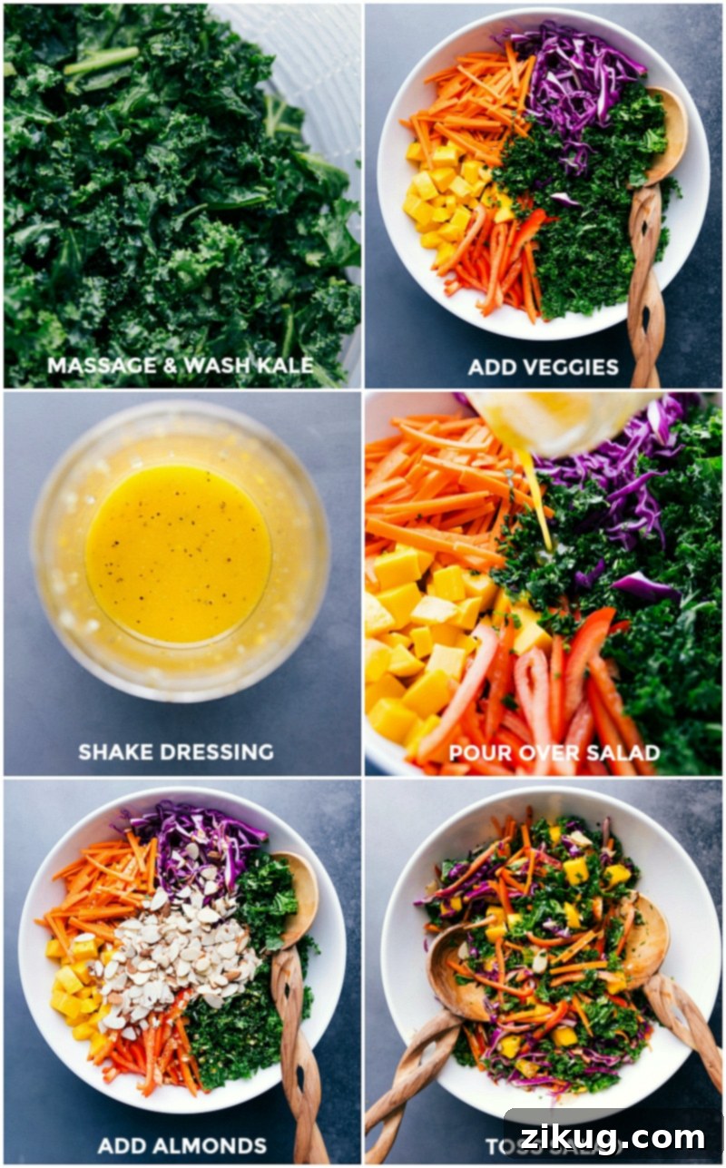Process of preparing a kale salad: from washing and massaging kale, adding veggies and homemade dressing, to sprinkling almonds and tossing the mix. Greens being rinsed and massaged, with vegetables, dressing, and almonds added before tossing together.