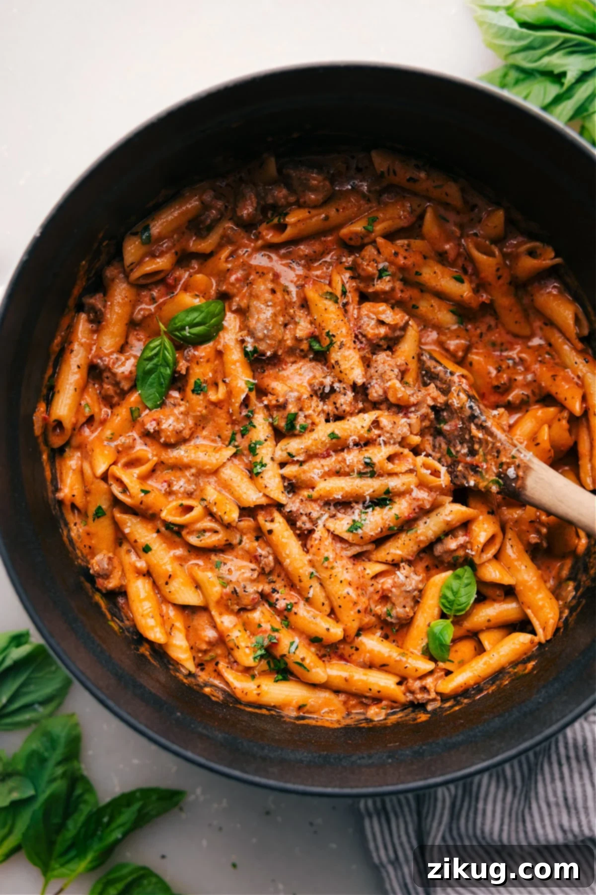 Penne Pasta with Italian Sausage in the Pot.