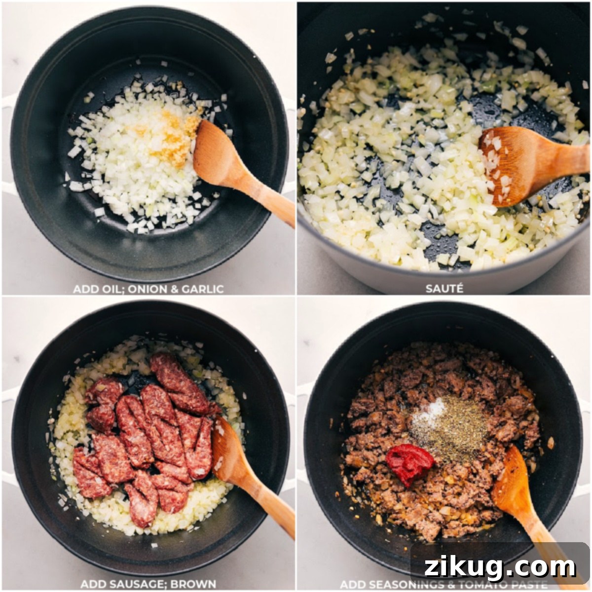Sautéing Onion and Garlic, Browning Sausage, Stirring in Seasonings and Tomato Paste for One Pot Penne Pasta with Italian Sausage.
