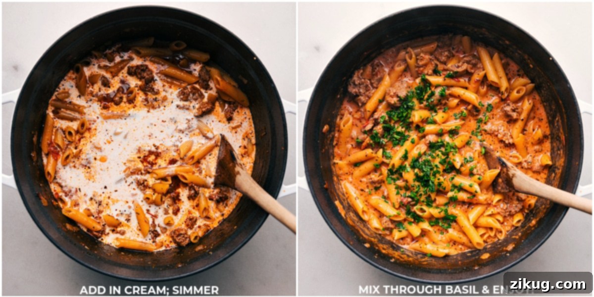 Adding Cream, Simmering, Mixing with Basil, and Serving The Dish