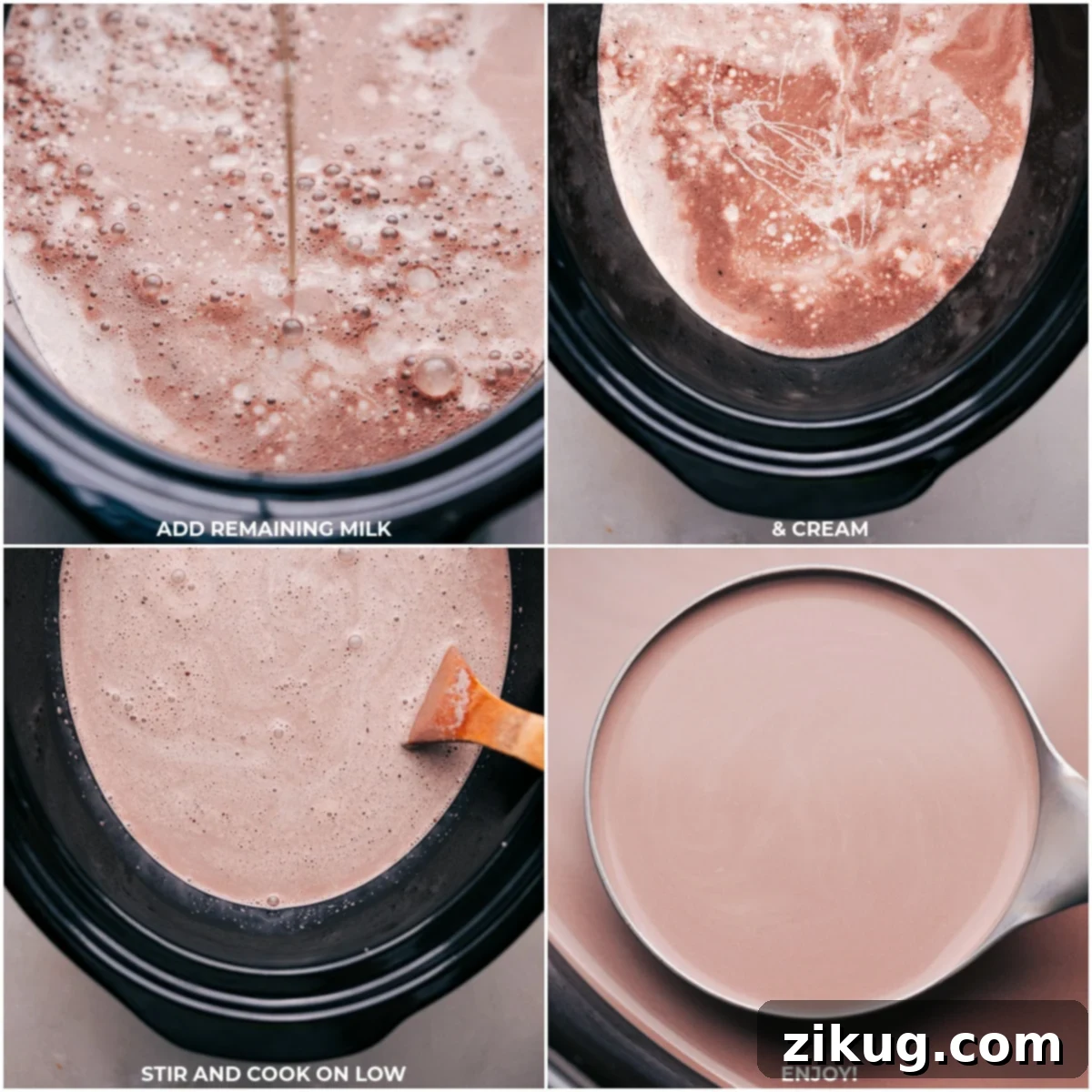 Incorporating the rest of the milk and cream into Crockpot Hot Chocolate Remaining milk and cream being added to the crockpot, followed by stirring and cooking on low heat to complete the hot chocolate.
