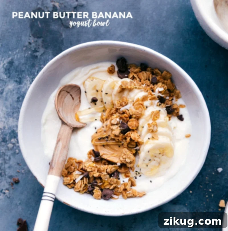 Peanut butter banana yogurt bowl, a creamy and nutritious treat, showcasing sliced bananas, a drizzle of peanut butter, and a sprinkle of nuts.