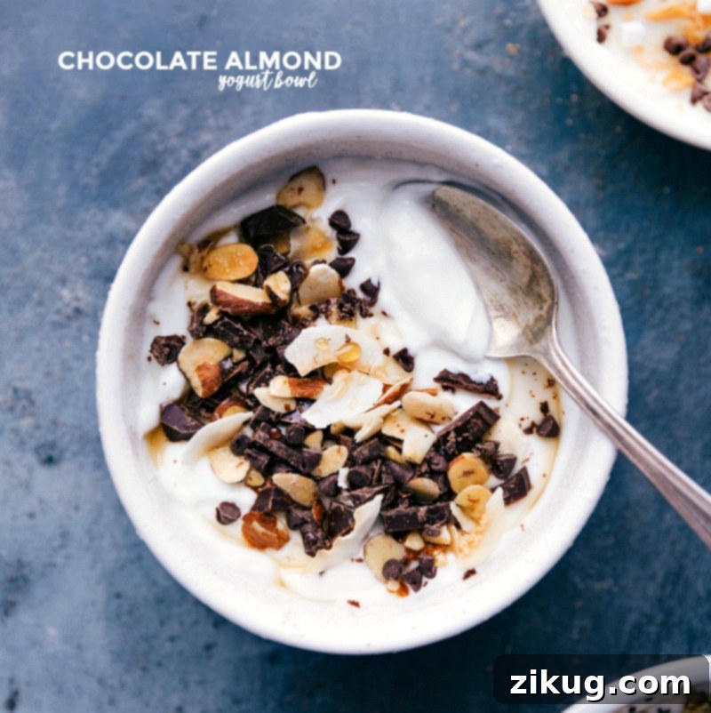 Chocolate-almond bowl of yogurt with a spoon, inviting and delectable, adorned with chopped dark chocolate and sliced almonds.