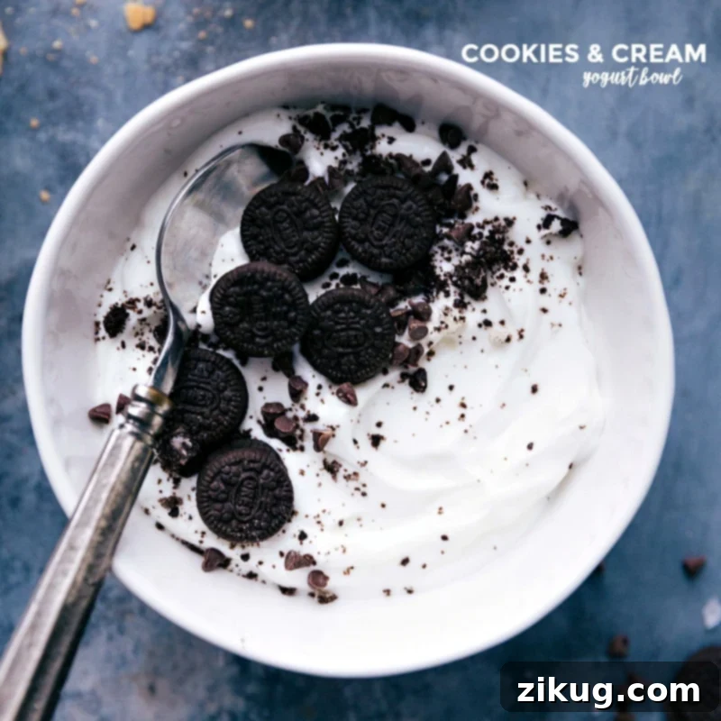 Cookies and cream bowl of yogurt with a spoon, a delectable treat awaits, featuring crushed cookies and chocolate chips.