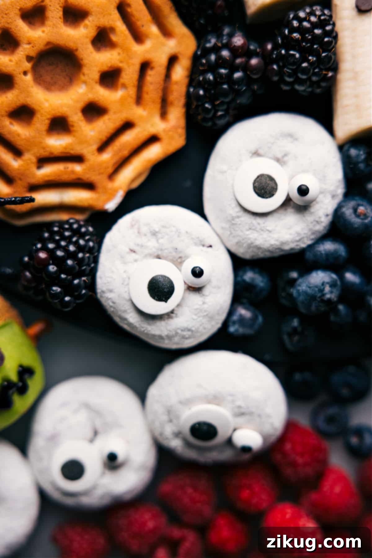 Delightful powdered donuts creatively decorated to resemble friendly ghosts, a perfect Halloween Breakfast Idea for a sweet morning treat.
