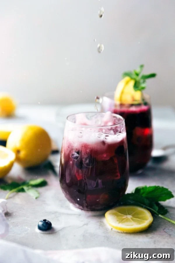 A tall glass filled with sparkling blueberry lemonade, garnished with fresh blueberries and lemon slices. The drink is vibrant purple-blue, indicating its rich fruit flavor, with ice cubes keeping it perfectly chilled. The background suggests a sunny outdoor setting, emphasizing its role as a perfect cool-down summer drink.