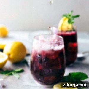 Sparkling Blueberry Lemonade in a glass with blueberries and lemon slices.