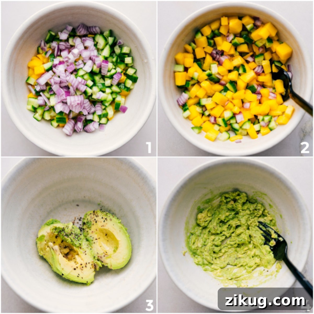 The mango salsa is mixed, and the avocado mixture is smashed.
