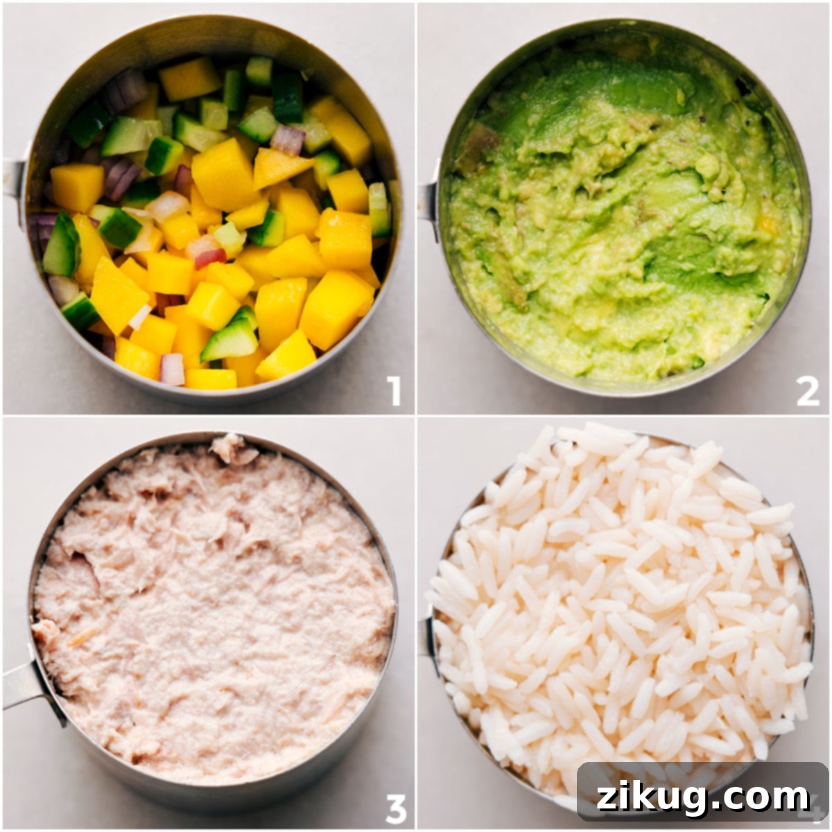 Assembling the recipe by layering the mango mix, avocado, meat, and rice in a 1-cup measuring cup.