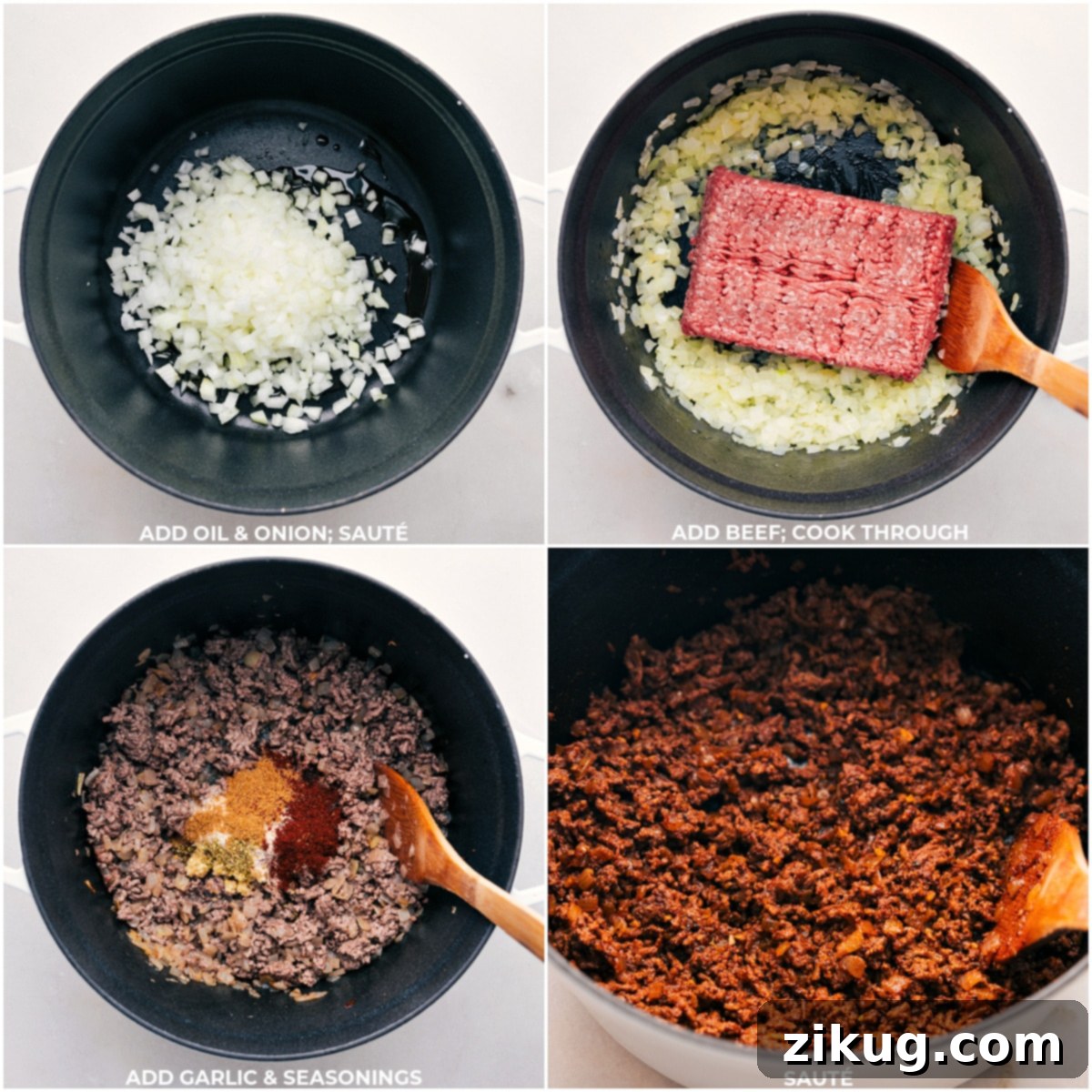 The initial steps of Taco Soup preparation: diced onions being sautéed until translucent, followed by ground beef browning in a large pot, then minced garlic and a rich blend of spices added to enhance the flavor before simmering.