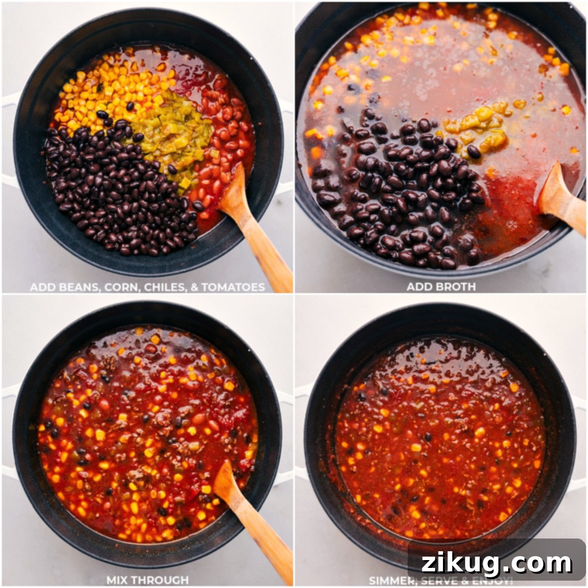 A large pot on a stovetop, filled with the vibrant ingredients of Taco Soup, including a mixture of beans, corn, diced green chiles, crushed tomatoes, and chicken broth, being stirred to combine all the delicious elements before simmering.