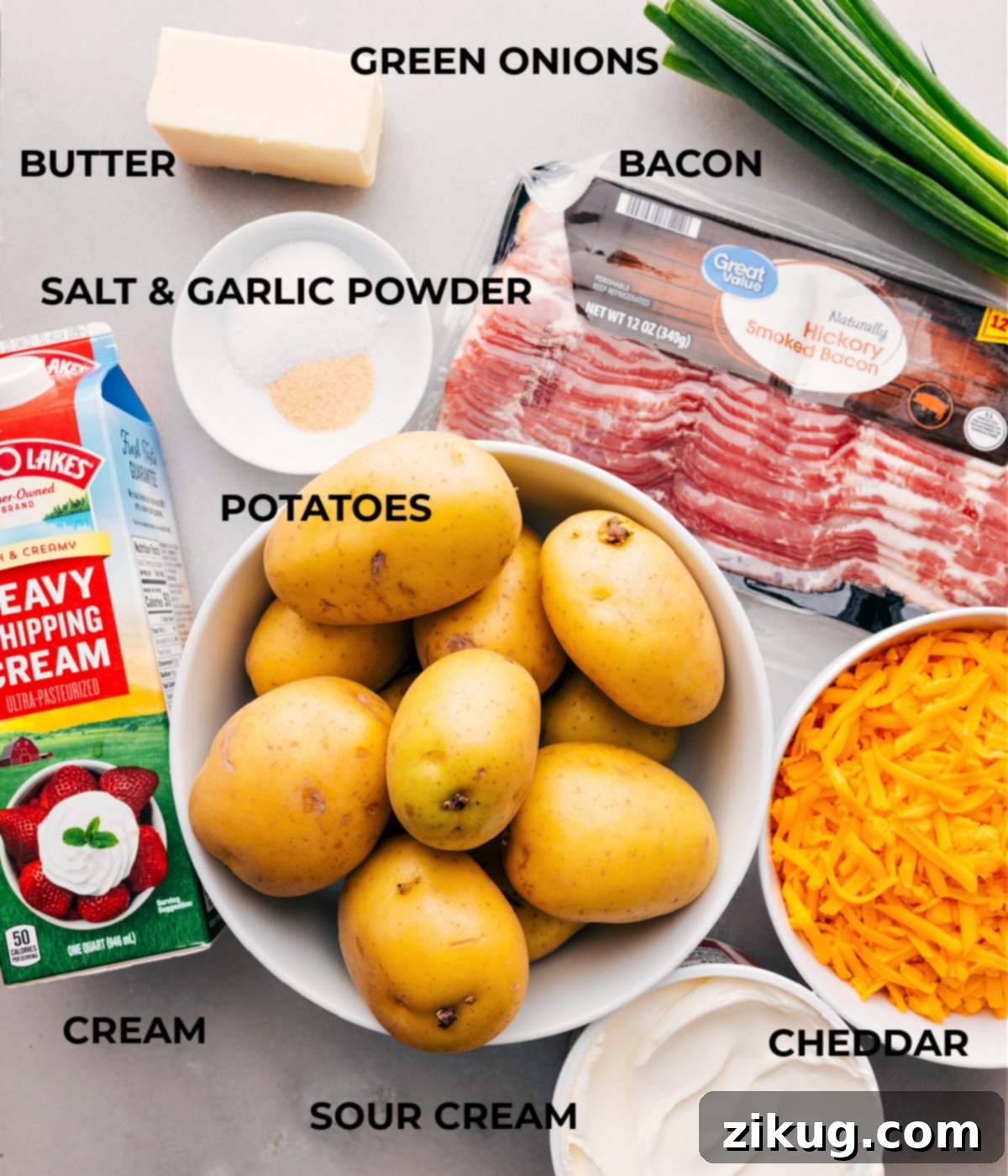 Fresh and high-quality ingredients for a homemade Twice-Baked Potato Casserole A vibrant composition of fresh ingredients including potatoes, bacon, cheese, and green onions, ready for Twice-Baked Potato Casserole.